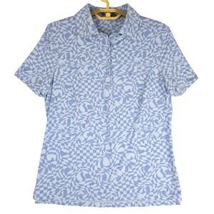 G/FORE Womens Blue Warped Checkerboard Swirl‎ Golf Polo Shirt Small G4LS22K78